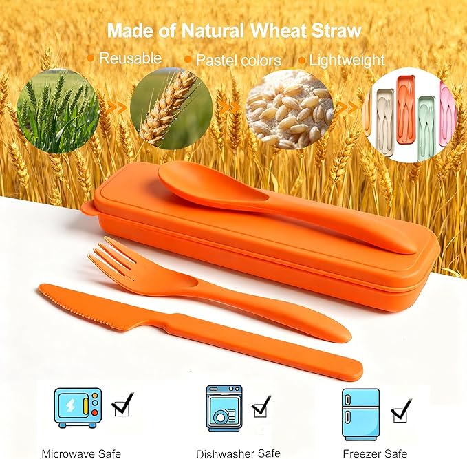 Portable Utensils Set with Case, 6 Sets Wheat Straw Reusable Cutlery, Eco-Friendly Lightweight Knife Fork Spoon Travel Tableware, for Camping, Picnic, Office Lunch, Outdoor Dining, and Daily Use