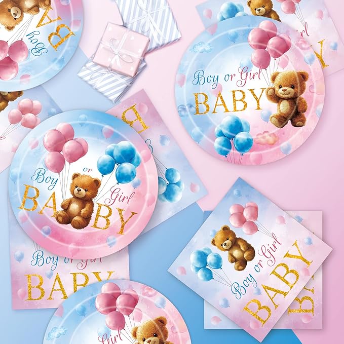 40 Pcs Gender Reveal Decorations - Boy or Girl Plates and Napkins Set, Pink and Blue Baby Bear Paper Plates Napkins Disposable Tableware for Gender Reveal Party Supplies Table Decor Favors, Serve 20