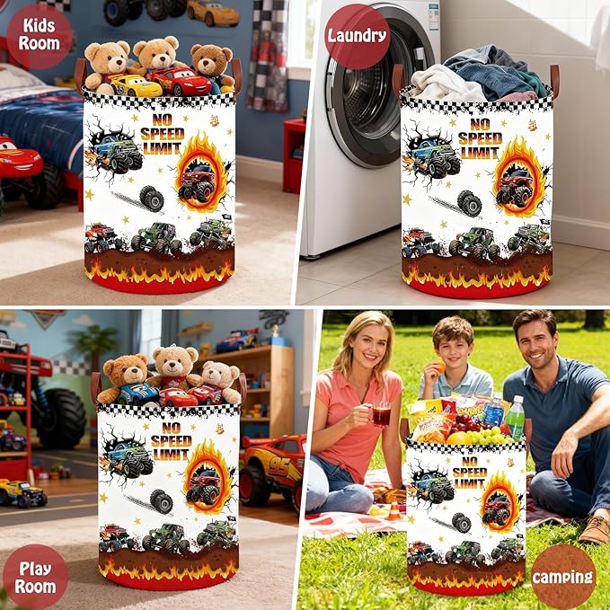 Monster Trucks Laundry Basket with NO SPEED LIMIT Sign,Car Room Decor Nursery Hamper,Gift Bag Storage Bin for Toy Car Stuffed Animals Clothes Books Boys Valentine's Day Gift(Round)