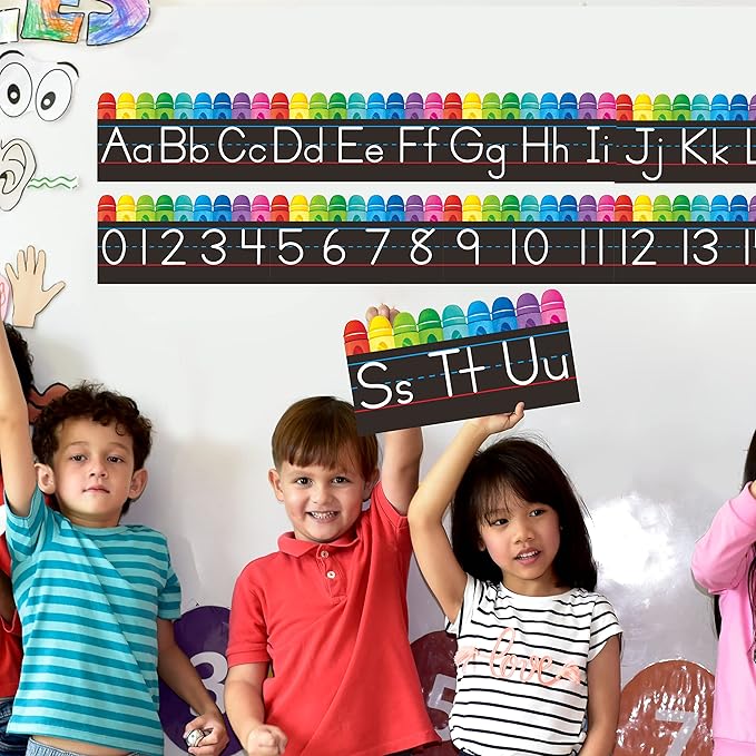 Alphabet Bulletin Board Set, 15 PCS Crayon Die-Cut ABC Wall Decorations 26 Upper & Lower Case Letters Plus 0-20 Numbers for Preschool, Kindergarten Classroom Playroom Bedroom Decorations