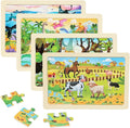 Wooden Puzzles for Kids Ages 4-6, 24 Piece Vehicle Car Construction Jigsaw Puzzles 4 Packs, Preschool Toddlers Learning Activity Puzzles Toys for Boys Girls 3 4 5 6 Years Old (Dinosaurs+Farm+Ocean)