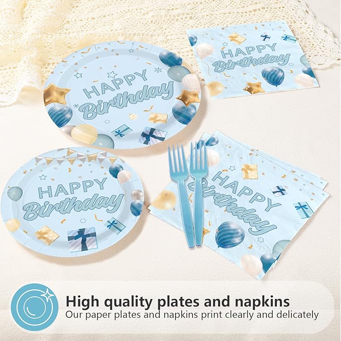 96 Pcs Light Blue Birthday Decorations Happy Birthday Plates and Napkins Disposable Tableware Set Blue Gold Decorations for Baby Boys Girls Women Men Party Supplies Serves 24