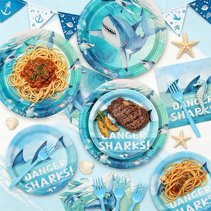 100Pcs Shark Birthday Party Plates and Napkins Supplies - 9" & 7" Paper Plates Napkins Forks - for Under The Sea Ocean Animal Theme Party Decorations,Serves 25