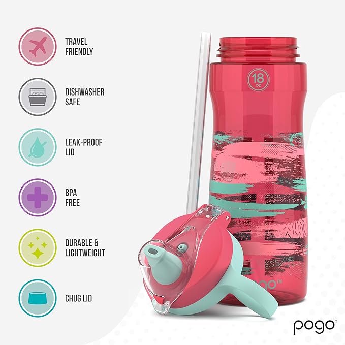 Pogo 18oz Plastic Water Bottle with Straw Lid with Carry Handle, Reusable, BPA Free, Dishwasher Safe, Perfect for Travel, School, Outdoors, and Gym
