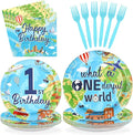 96Pcs Travel Theme 1st Birthday Party Supplies Adventure Awaits Plates and Napkins World Map 1st Birthday Tableware Set for Kids Adventure Time One Year Old Party Supplies，Serves 24