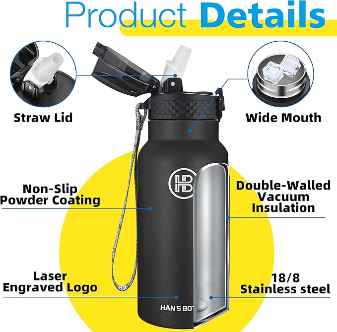 Han's Bottle Kids Water Bottle with Straw Lid - Insulated Stainless Steel Reusable Tumbler for Girls,Boys,Thermo Mug,17oz,Black