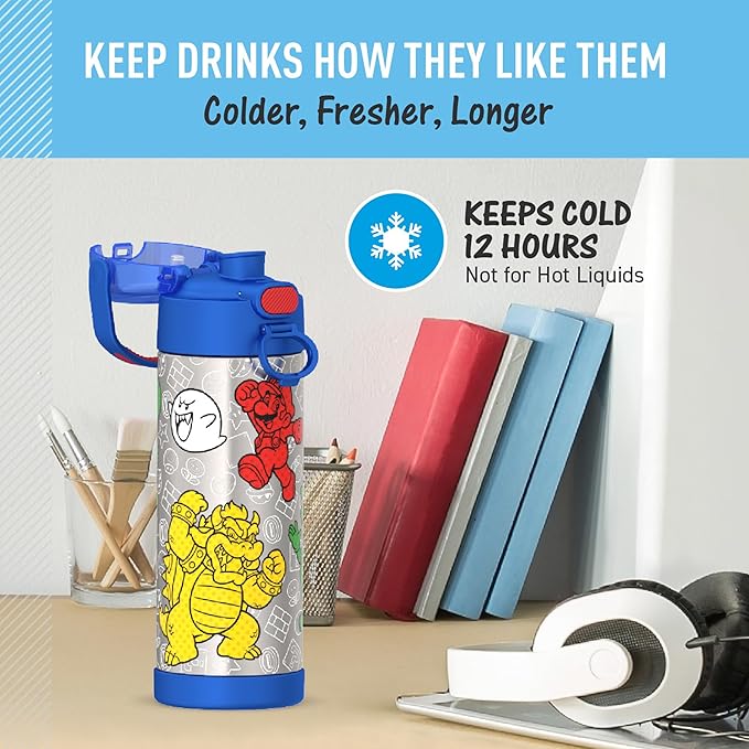 THERMOS FUNTAINER 16 Ounce Stainless Steel Vacuum Insulated Bottle with Wide Spout Lid, Mario