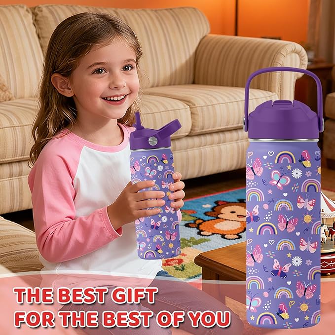 Butterfly Gifts - 18oz Purple Kids Water Bottle with Straw Lid, Stainless Steel Insulated Bottle, Leakproof, BPA-Free, for Girls, School, Travel - Butterfly Rainbow Themed Birthday Gift Cup (1pc)