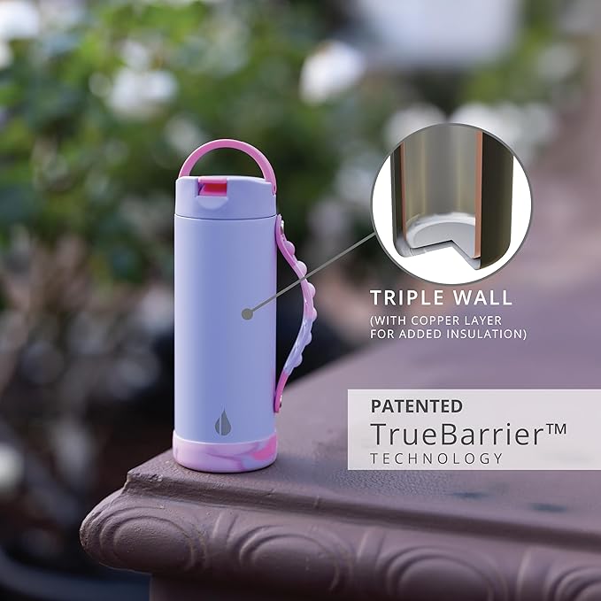 Elemental Iconic Kids Water Bottle for School - 100% Leak-Proof Insulated Water Bottles with Straw Lid & Pop-It Handle for Boys & Girls - Triple-Wall Insulated & BPA-Free, 14oz – Lilac Tie Dye