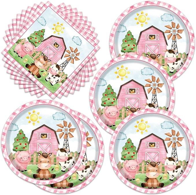 40pcs Farm Animals Party Supplies Plates and Npakins Farm House Animal Barnyard Theme Birthday Party Decorations Pink Barn Animal Baby Shower Tableware Sets
