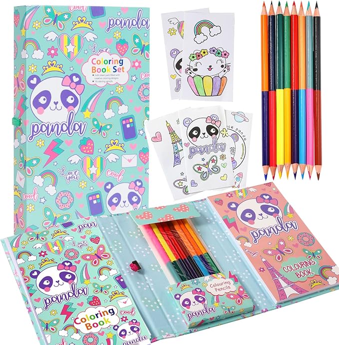 YOYTOO Panda Coloring Book Set with Coloring Pages & Colored Pencils, Art Supplies for Kids Ages 4-6-8, Arts Crafts Travel Coloring Kit for Girls 4 5 6 7 8 Year Old Birthday Gifts