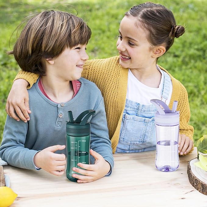 Kids Water Bottle, Dustproof Leakproof Cover, BPA Free Tritan Water Bottle Kids With Volume Markings Drinking 14oz Clear Water Bottle Unique Cat Paw Print Bottom Toddlers, School , Outdoor（Dark Green）