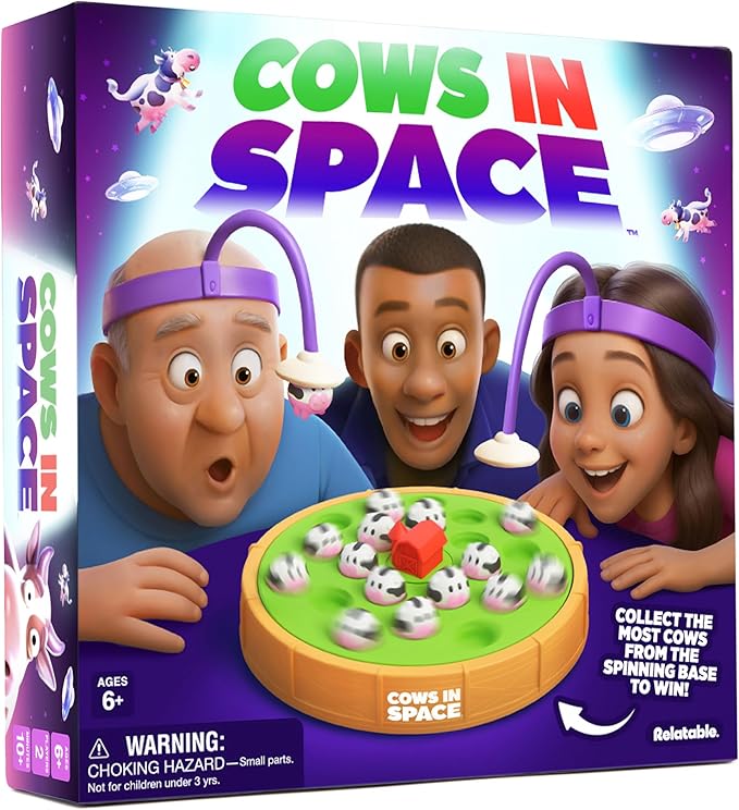 Cows In Space By Relatable, The Kid-Friendly Extraterrestrial Game, Fun Games And 2 Player Games, Great For Space Games, Includes 2 UFO Headbands, 1 Electronic Spinning Base, 21 Cows, and Instructions