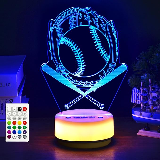 Baseball Night Light for Kids, Baseball Gift for Sports Players Fans, Decor Bedside Lamp for Bedroom/Office, 5 Buttons and Remote Control 14 Colors, Timer, Dim, Independent Warm White Lamp Base