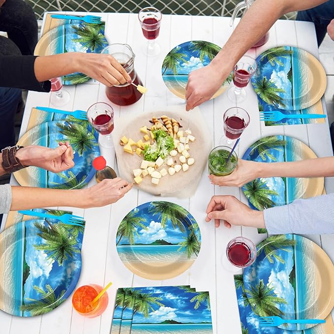 96Pcs Beach Party Plates and Napkins for Summer Tropical Birthday Party Supplies Hawaiian Beach Ocean Paper Dessert Plates Hawaiian Tropical Tableware Set for Kids 24 Guests Birthday Decorations