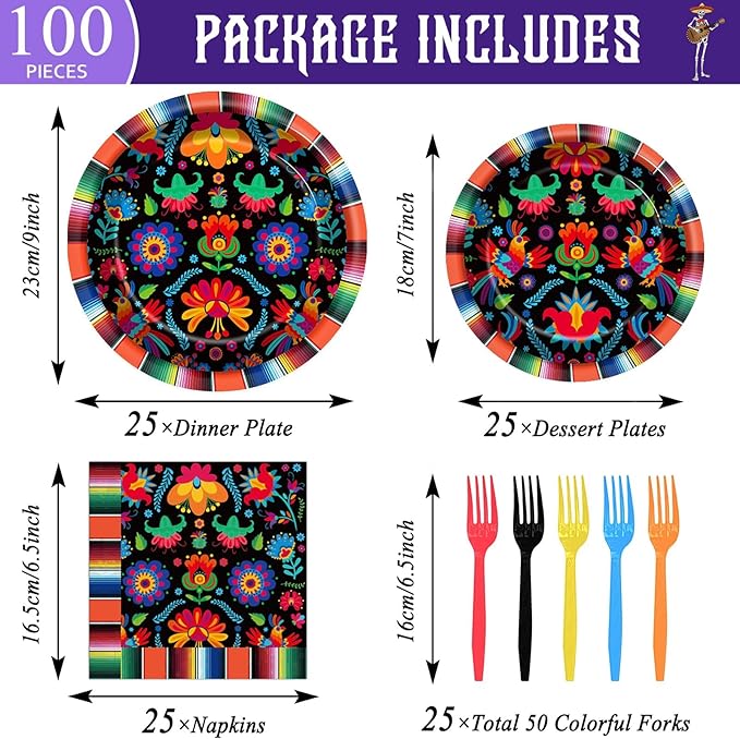 100PCS Mexican Fiesta Party Plates and Napkins Party Supplies Mayo Mexico Mexican Tableware Dinnerware Set Decorations for Dia De Los Muertos Day of The Dead Dance Pinata Colorful Ponchos Serves 25