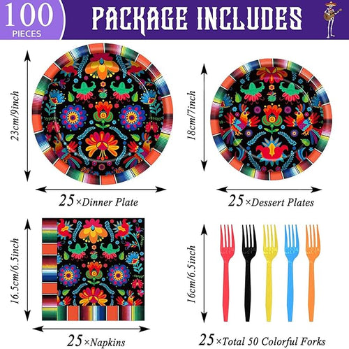 100PCS Mexican Fiesta Party Plates and Napkins Party Supplies Mayo Mexico Mexican Tableware Dinnerware Set Decorations for Dia De Los Muertos Day of The Dead Dance Pinata Colorful Ponchos Serves 25