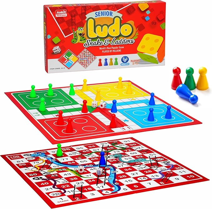 Ankit Toys & Games Ludo & Snakes and Ladders (Saap Seedhi) Board Game Set Classic 2in1 Family Fun for Kids and Adults for Ages 6+ | Travel-Friendly Strategy Game (Ludo Senior Red)