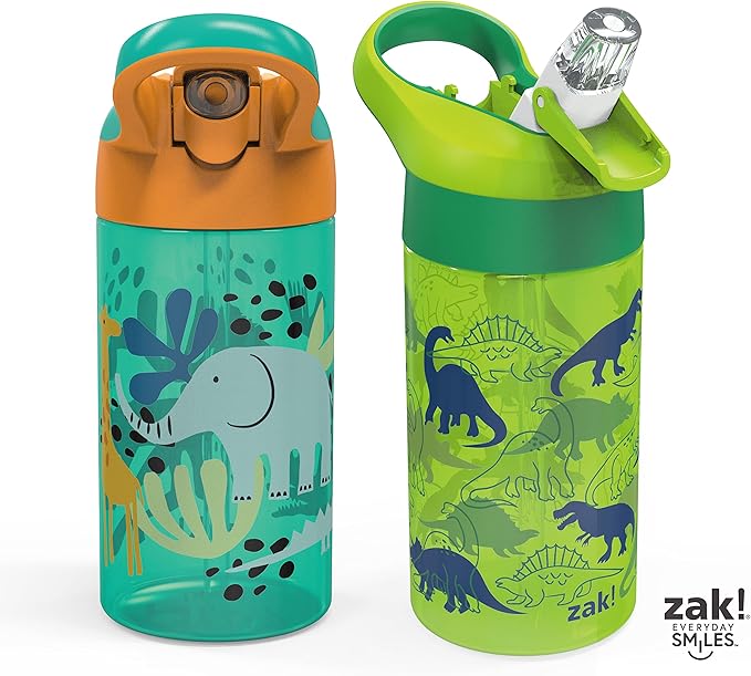 Zak Designs 16oz Riverside Kids Water Bottle with Spout Cover and Built-in Carrying Loop, Made of Durable Plastic, Leak-Proof Water Bottle Design for Travel (Dino Camo & Safari, Pack of 2)
