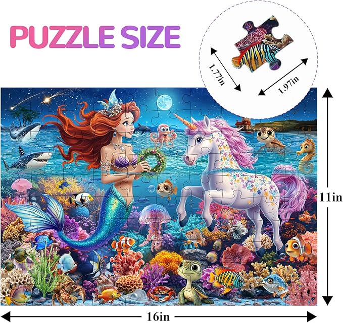 100 Piece Puzzles for Kids Ages 6-8, Mermaid and Unicorn Puzzles 100 Pieces for Kids, Underwater Scene Jigsaw Puzzle for Children Learning Educational Toys Gifts for Girls Boys