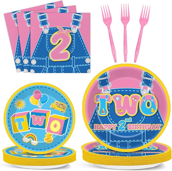 96Pcs Cartoon Girls 2nd Birthday Party Plates and Napkins Cartoon Teacher Paper Disposable Dessert Plates English Teacher Two Year Old Tableware Set for Girls Second Birthday Supplies Serves 24 Guests