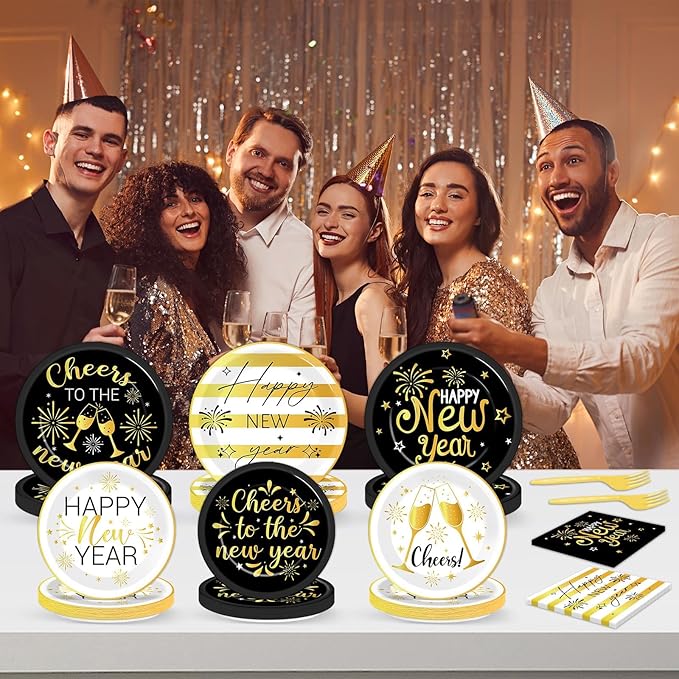 96Pcs New Years Party Supplies 2026 Black and Gold Themed Paper Plates Napkins Cheers Party Tableware Disposable Dinnerware Happy New Years Decorations Set for 2026 NYE Holiday Celebration Table Decor