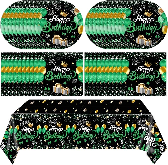 Green Birthday Decorations for Men Boys,Green and Black Party Tableware Set Include Birthday Plates Napkins and Tablecloth,for Mens Boy Bday Party Decorations Supplies,Serves 20