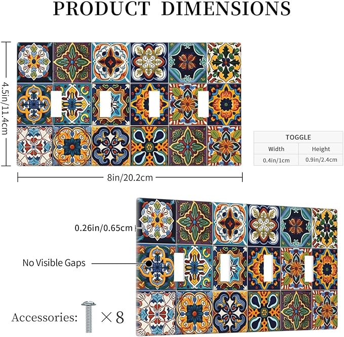 Mexican Talavera Tiles Floral Light Switch Covers Quad Toggle Electrical Faceplate 4 Gang Wall Plate Decorative Switch Plates Cover for Bathroom Kitchen Decor