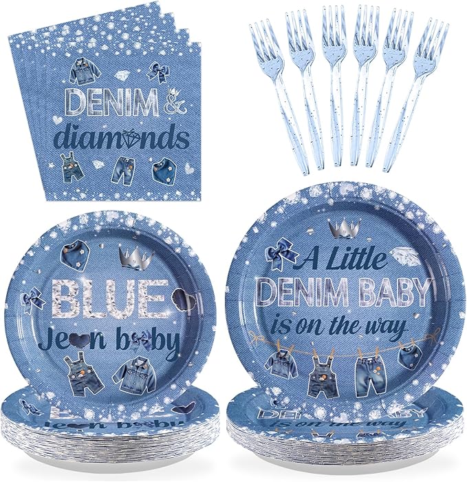 96Pcs Blue Jean Baby Shower Decorations Denim and Diamonds Birthday Plates and Napkins Tableware Sets A Little Denim Baby is on the Way Decorations for Kids Boys Blue Jeans Birthday Supplies Serves 24