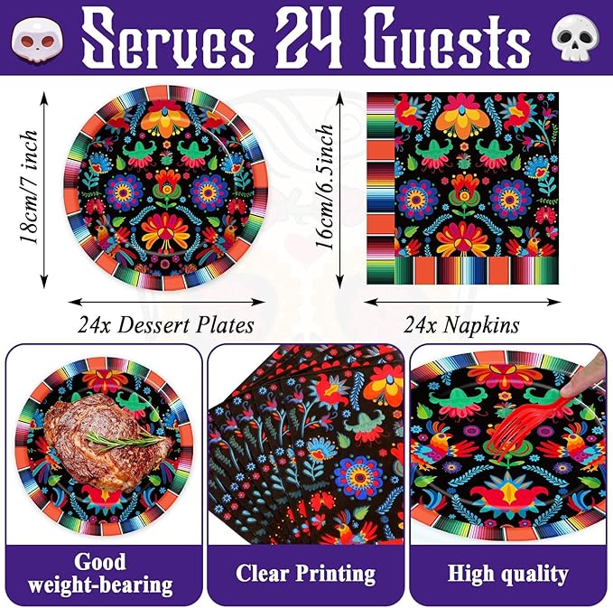 Mexican Fiesta Party Supplies Serves 24 Mexican Party Paper Plates Napkins Mexico Mayo Decorations Datura Flower Serape Tablecloth Set Tableware Kit for Day of The Dead Pinata Taco Ponchos Dance