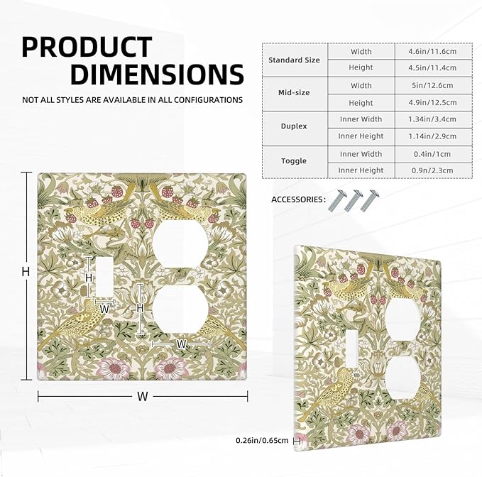 William Morris Vintage Strawberry Bird Botanical Wallplates 1 Toggle 1 Duplex Switch Plate Electrical GFCI Faceplate Decorative Light Switch Covers for Farmhouse Home Decor