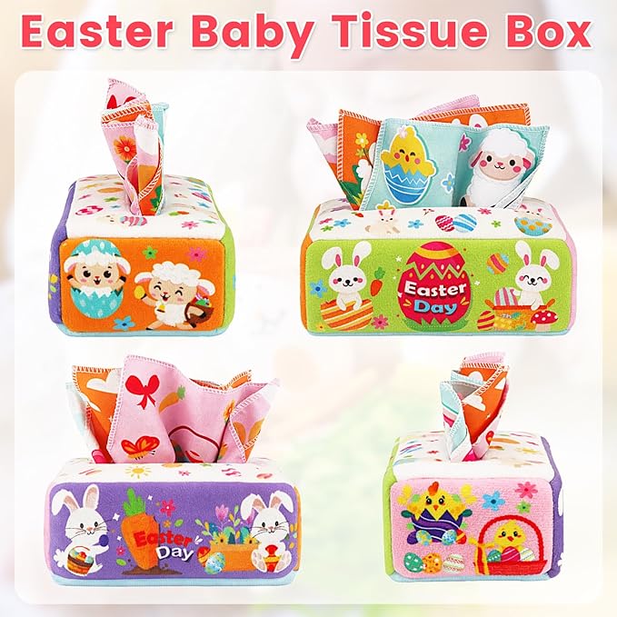 Easter Baby Toys - Easter Basket Stuffers for Babies 6-12 Months - Baby Tissue Box Toy Montessori Soft Stuffed Bunny High Contrast Crinkle Infant Sensory Toys 6 7 8 9 Months Easter Boy Girl Gifts