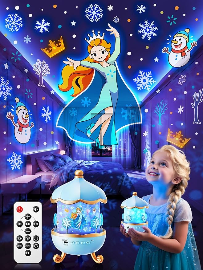 PIKOY Night Light Snow for Kids, 15 White Noise+16 Films+336 Colors Star Projector for Kids, 360°+Remote+Cordless Baby Night Light Projector, Princess Toys for Girls Room Decor Light