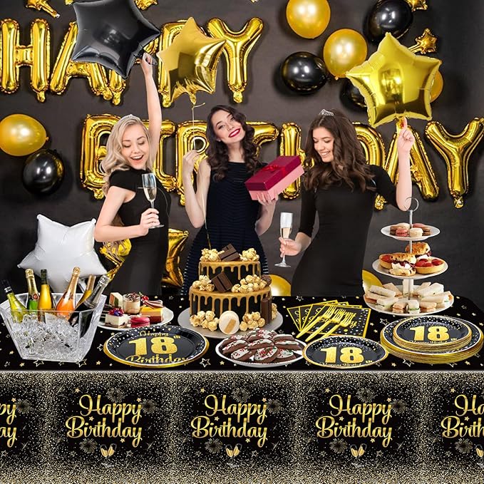 18th Birthday Decorations for Boys Girls - 81 Pcs Plates Napkins 18th Tablecloth Forks Set Black and Gold Party Decorations Serve 20
