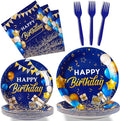 gisgfim 96 Pcs Blue and Gold Birthday Plates and Napkins Party Supplies Navy Blue Party Tableware Set Happy Birthday Decorations Favors for Men Women for 24 Guests