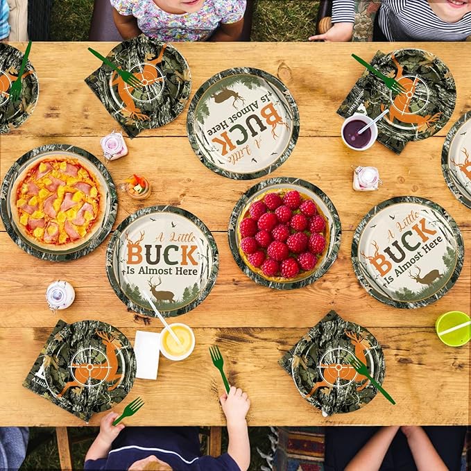 Grencian 96Pcs Hunting Deer Camo Baby Shower Supplies Oh Deer Plates and Napkins A Little Buck is Almost Here Tableware for Outdoor Camping Picnic Hunting Themed Baby Shower Decorations Serves 24