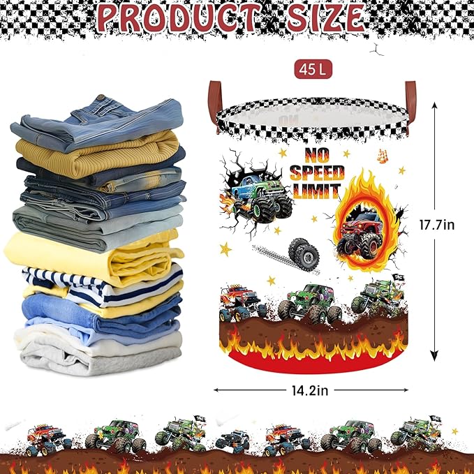 Monster Trucks Laundry Basket with NO SPEED LIMIT Sign,Car Room Decor Nursery Hamper,Gift Bag Storage Bin for Toy Car Stuffed Animals Clothes Books Boys Valentine's Day Gift(Round)
