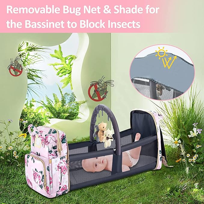 GurZinn Diaper Bag Backpack with Changing Station, Foldable for Bady Toddler, 3 in 1 Large Capacity Newborn Essentials Organizer with Stroller Hook for Girls and Boys（Pink）