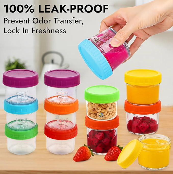 ARSUK 4 oz Glass Food Storage Containers with Screw Lids (12 Pack) - Small Glass Jars for Sauces, Spices, and Meal Prep - Reusable, Dishwasher, Microwave, Fridge, and Freezer Safe