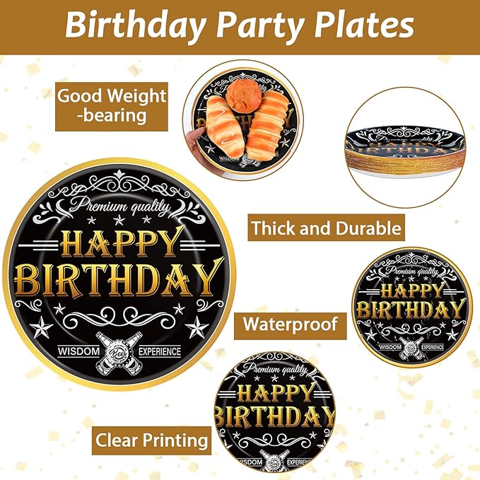 96 Pcs Aged to Perfection Party Plates Napkins Tableware Set Vintage Theme Birthday Supplies Disposable Dinnerware Black Gold Happy Birthday Party Decoration Favors for Men, 24 Guests