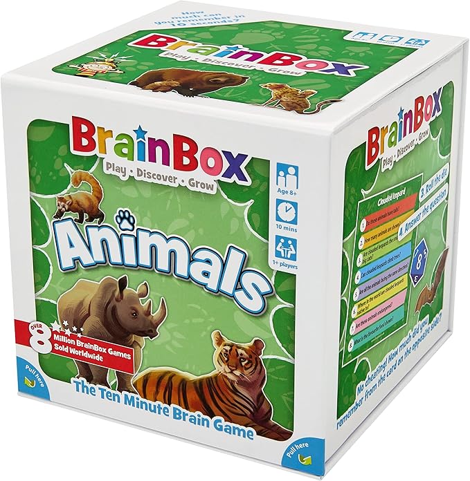 BrainBox Animals Card Game - Memory & Observation, 55 Detailed Scene Cards, Family-Friendly Trivia for Kids & Adults, Ages 8+, 1+ Players, 10 Min Playtime, Made by Green Board Games