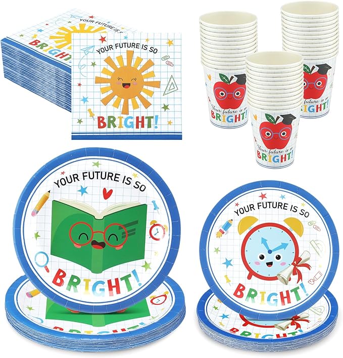 Qinyoung 122 Pcs Kindergarten Graduation Plates and Napkins Set for 24 Guest Paper Dessert Plates Cups and Napkin Bright Future Disposable Tableware for Preschool Kindergarten Party Table Decorations
