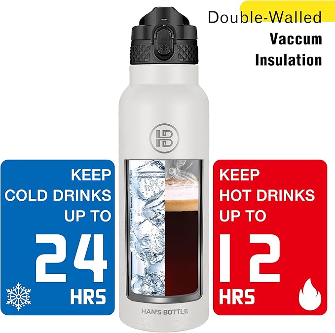 Han's Bottle Sports Water Bottle - 24 Oz, Straw Lid, Leak Proof, Vacuum Insulated Stainless Steel, Double Walled, Thermo Mug,White