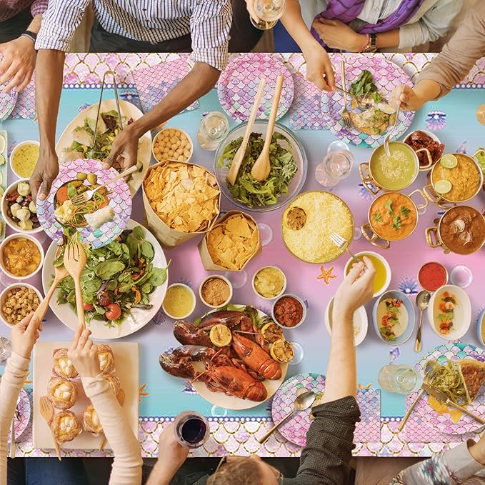 Mermaid Birthday Party Supplies-Mermaid theme Birthday Decorations,Ocean Party Supplies Disposable Dinnerware for Girls Baby Shower Serves 25 Guests with Paper Plates,Napkins,Tablecloth