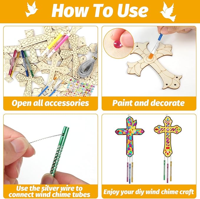 gisgfim 16 Pack Easter Cross Wind Chime Crafts Kits for Kids Make Your Own Sunday School Craft Religious Christian Crafts Wooden DIY Arts for Party School Classroom Decorations Supplies Birthday Favor