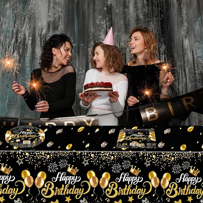 Black and Gold Party Decorations,41Pcs Happy Birthday Plates and Napkins Set Include Black Gold Paper Plates,Napkins,Tablecloth,for Men Women Happy Birthday Party Decorations Supplies,Serves 20