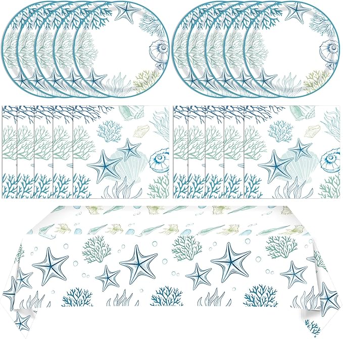 41Pcs Ocean Seashell Party Supplies Kit,Coastal Beach Disposable Party Tableware Decorations,Starfish Coral Paper Plates Napkins and tablecloth for Kids Summer Birthday Baby Shower, Serves 20