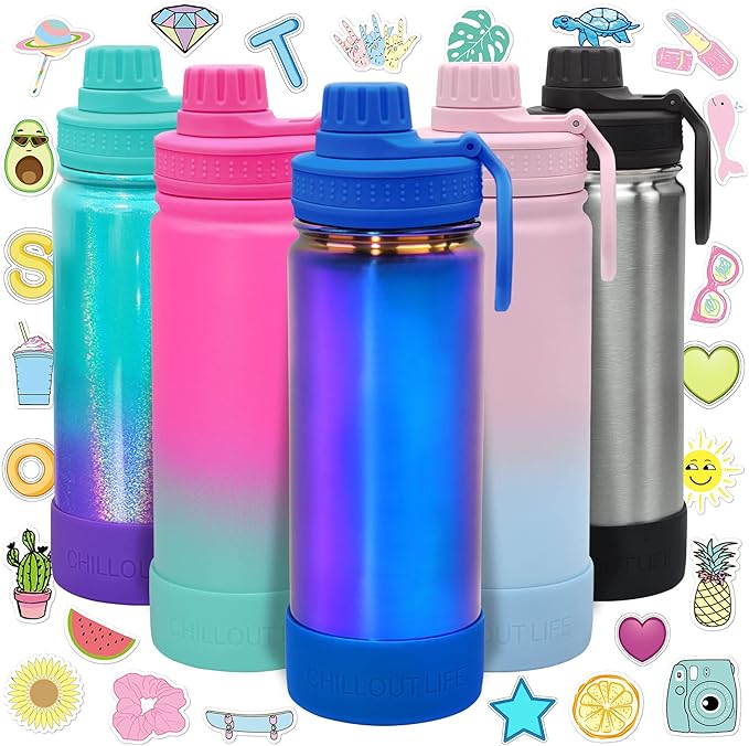 CHILLOUT LIFE 17 oz Kids Insulated Water Bottle for School with Leakproof Spout Lid and Cute Waterproof Stickers, Personalized Stainless Steel Thermos Flask Metal Water Bottle, Dishwasher Safe Color
