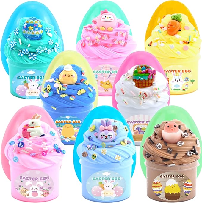 8Pack Butter Slime kit for Kids,Easter Basket Stuffers Party Favors Stretchy and Non-Sticky, Sensory Play Kit and Easter Basket Fillers Slime and Charms - Prefilled Eggs