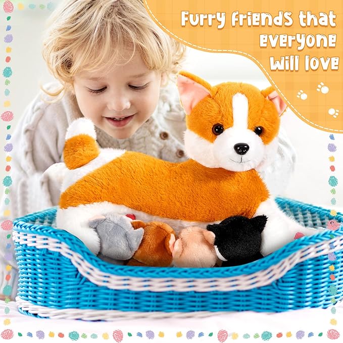 Honoson Nurturing Dog Mommy Plush Set with 4 Baby Puppies Soft Cute Dog Themed Stuffed Plush Toys for Kids Girls Boys Easter Birthday Gifts(Corgi)